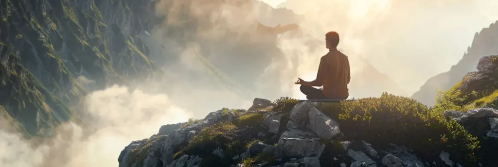 Man sitting on mountain top meditating