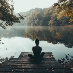 Woman sitting on the dock of a lake.