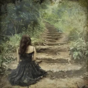 Woman at the bottom of a set of outdoor steps.